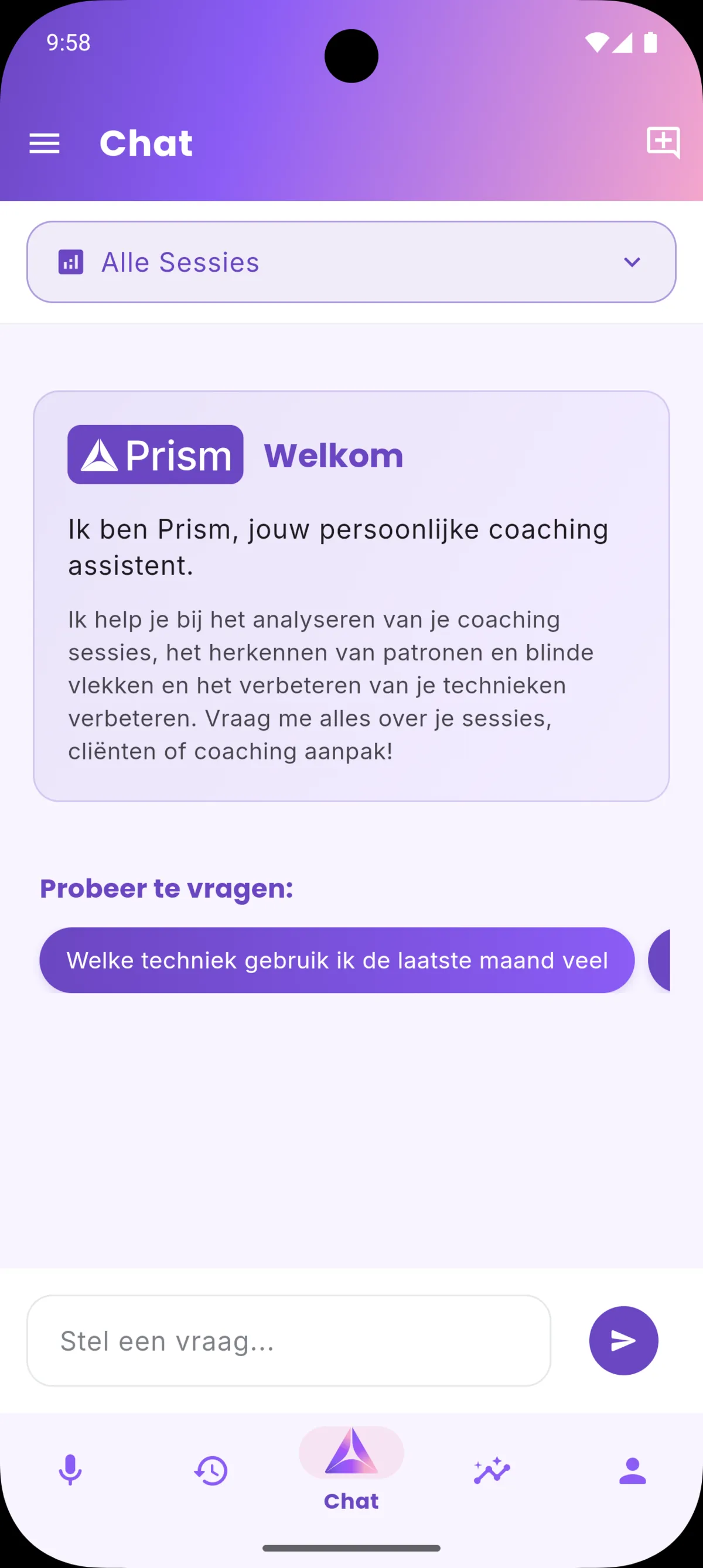 Prism app screenshots - coaching app voor Nederlandse coaches