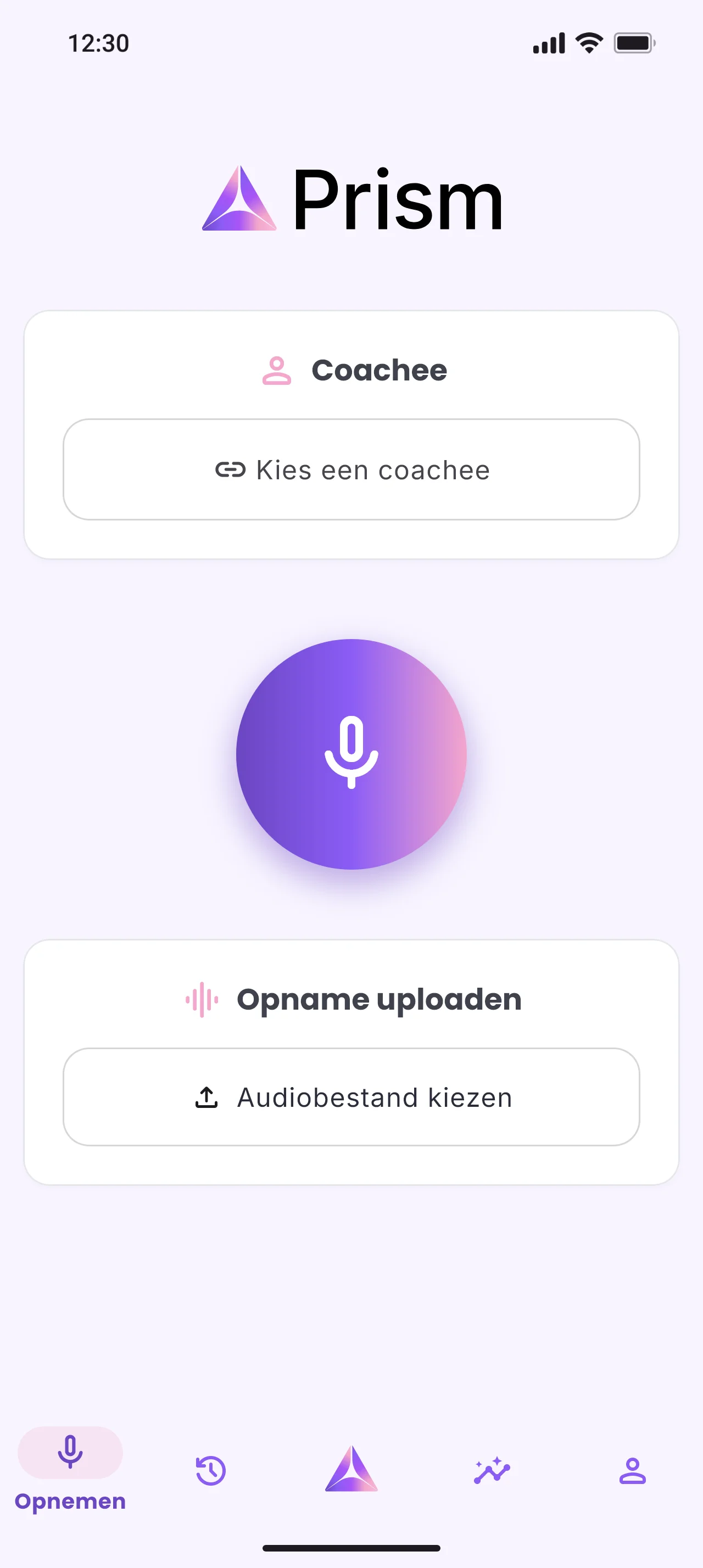 Prism app - opnamescherm gereed voor een coaching sessie