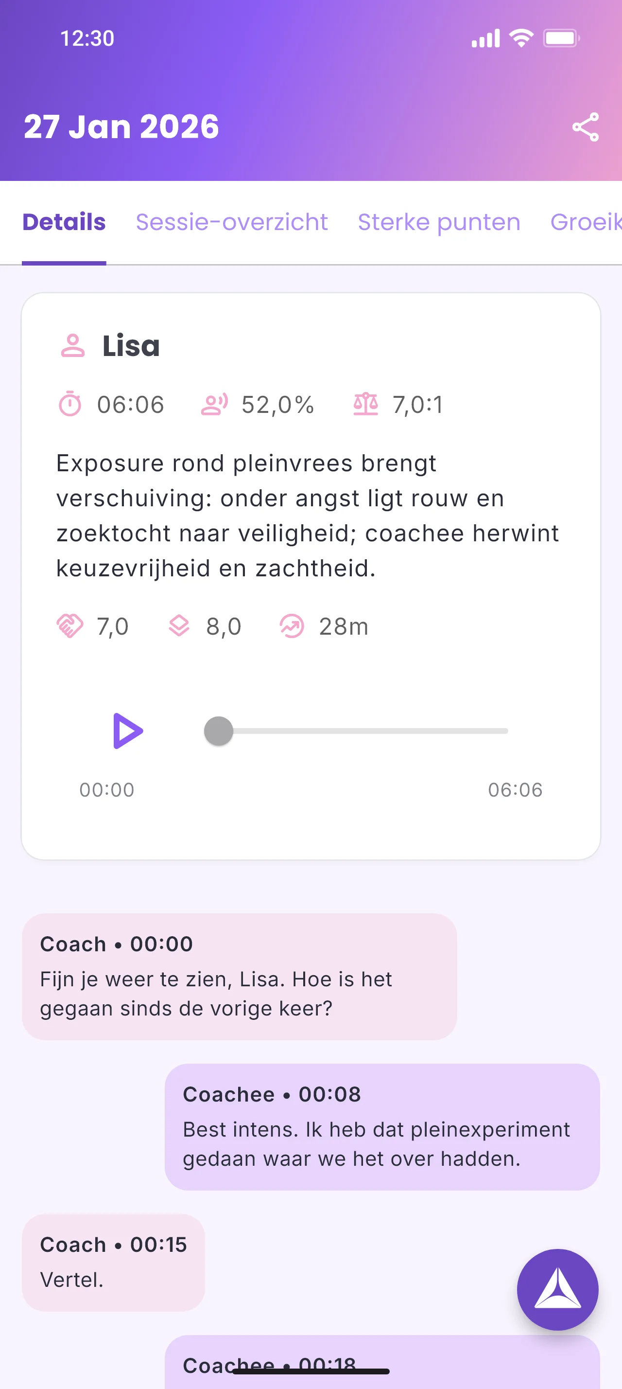 Prism app - sessiedetail met coaching inzichten en transcriptie
