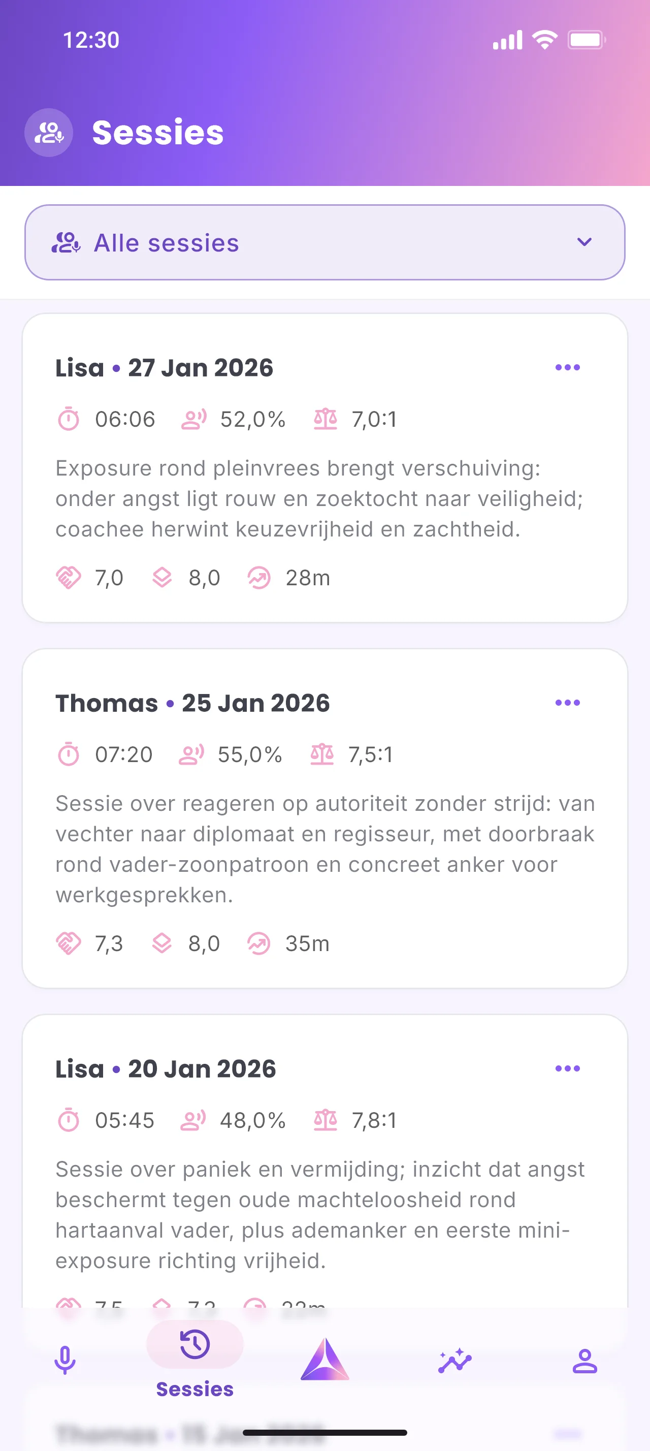 Prism app - sessieoverzicht met eerder gevoerde coaching sessies